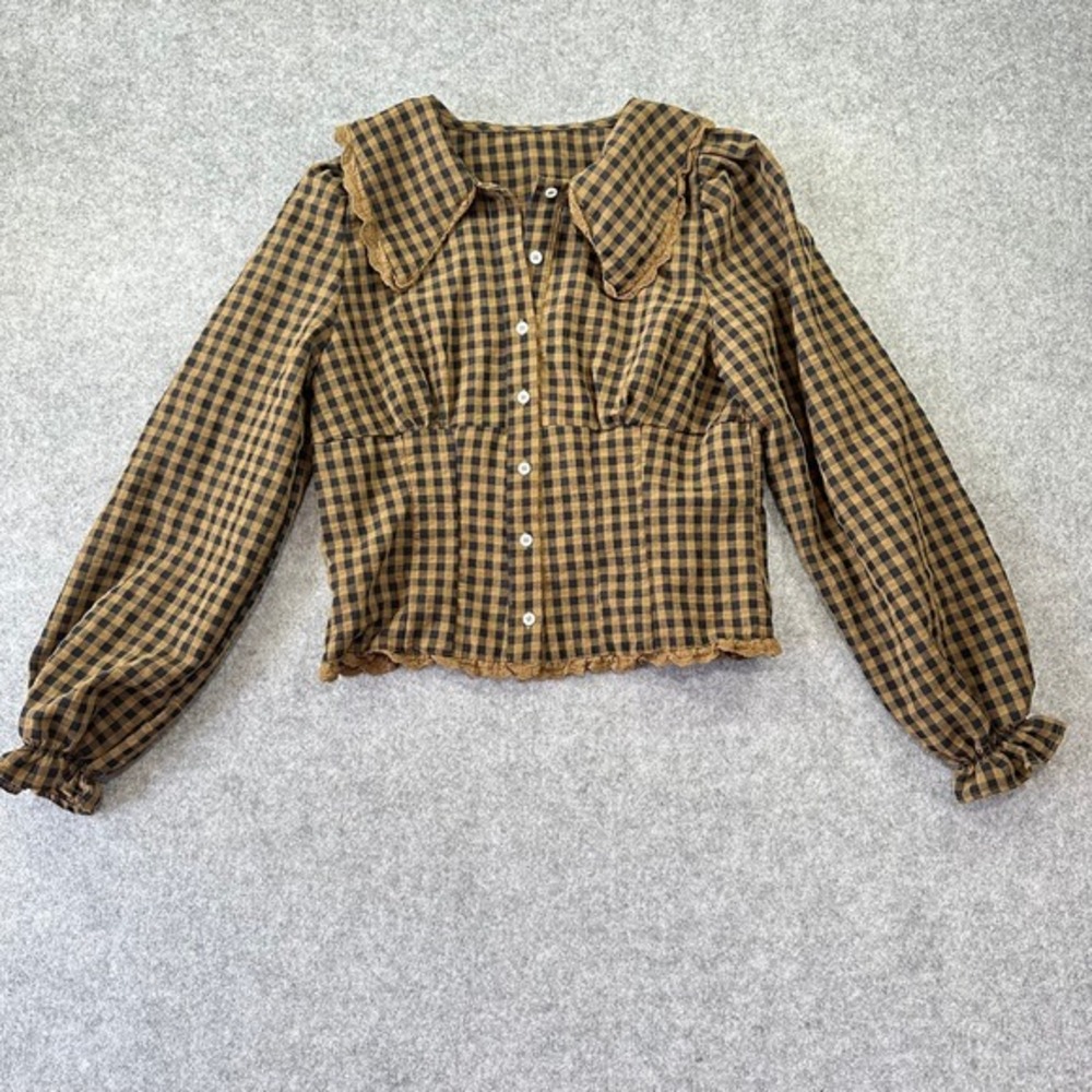 Brown Gingham Peter Pan Collar‎ Lace Trim Corset Button Front Top Cottagecore